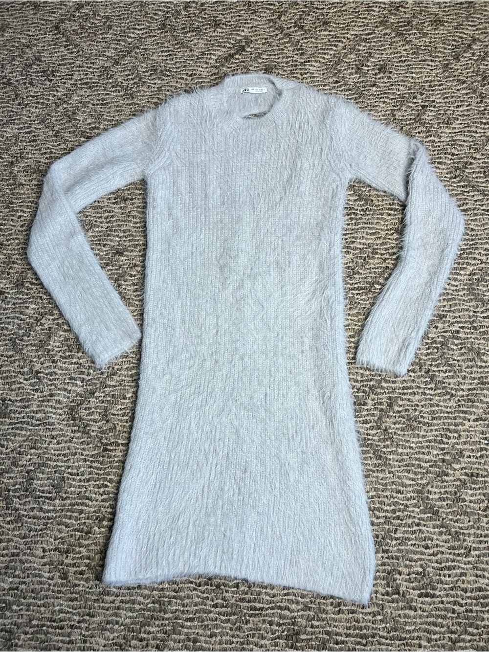Zara Light Gray Fuzzy Long-Sleeve Knit Dress